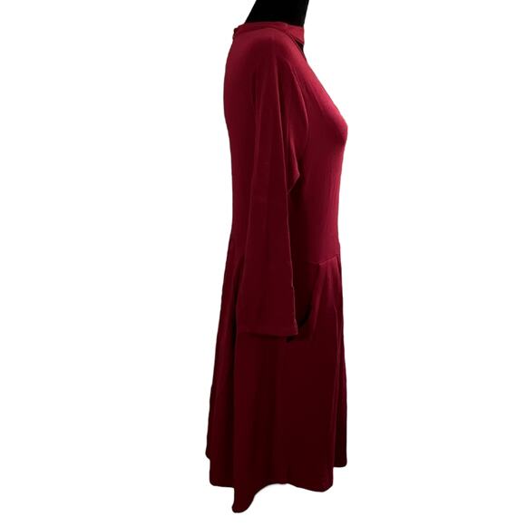 Burgundy Choker Collar Drop Waist Tunic Dress Pleated With Pockets Size Small - Picture 2 of 11